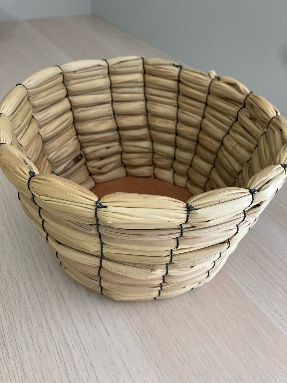 Handwoven Natural Straw Decorative Planter Bowl, Wooden Bottom, Neutral